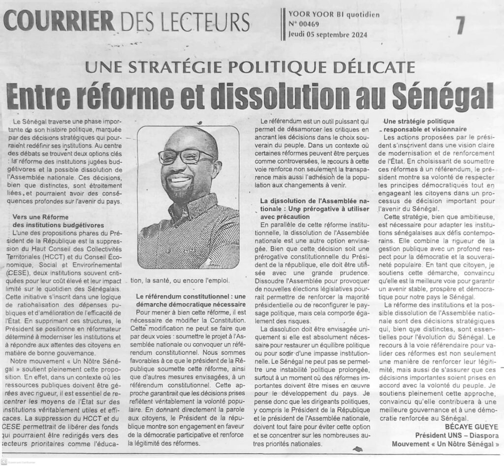 Notre article paru dans Yoor Yoor Bi : Une Stratégie Politique Délicate : Entre Réforme et Dissolution au Sénégal