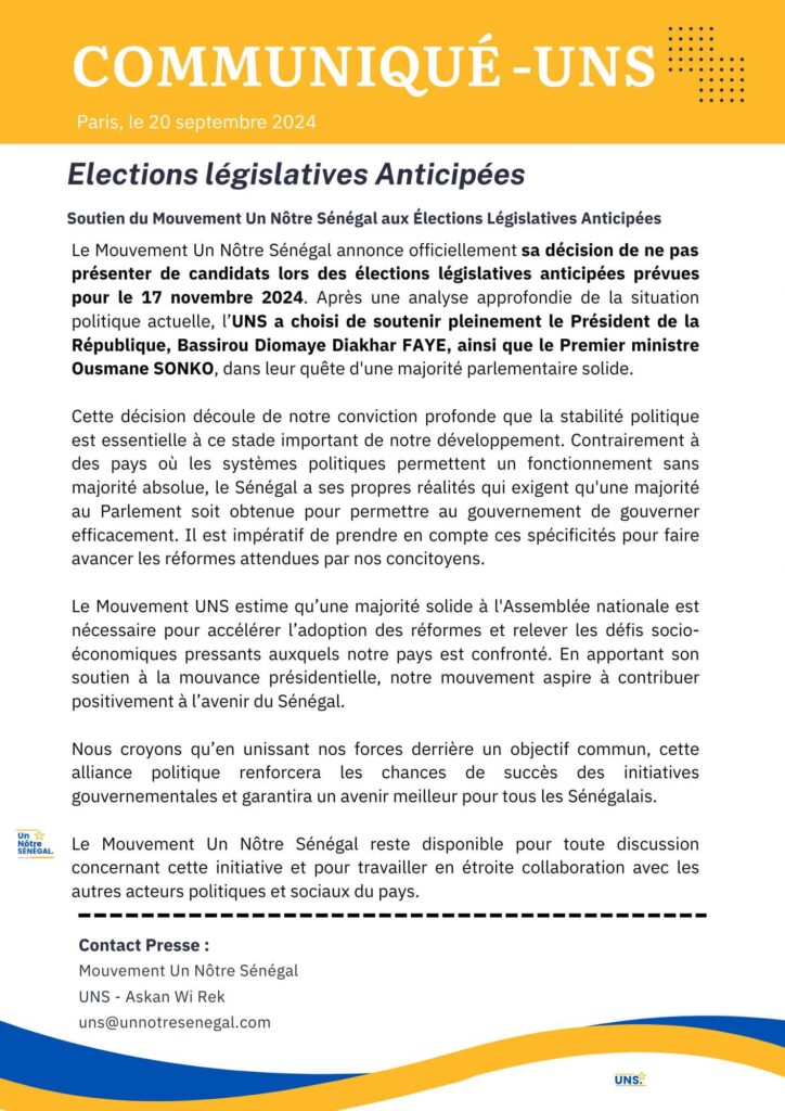 Nous avons pris la décision de ne pas présenter de candidats aux élections législatives anticipées du 17 novembre 2024.